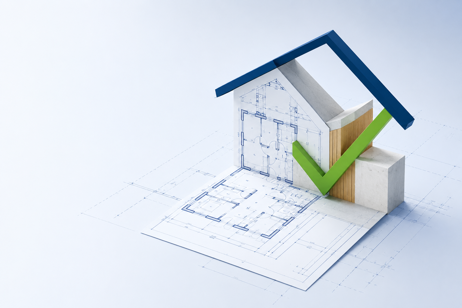 3D-woning met bouwplannen, donkerblauwe daklijn en groen vinkje